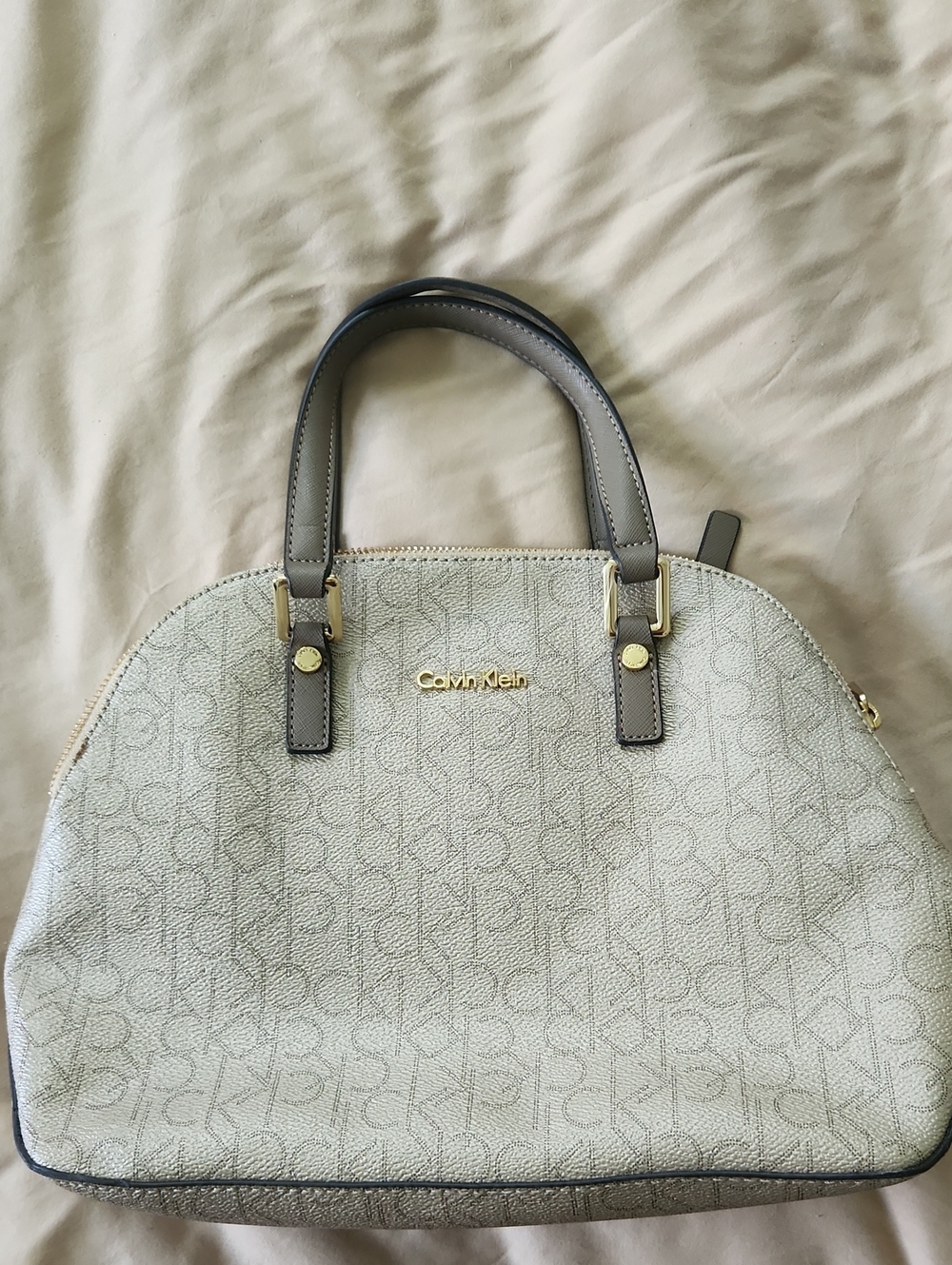 Calvin Klein Light Gray Logo Dome Satchel with Dark Gray Handles